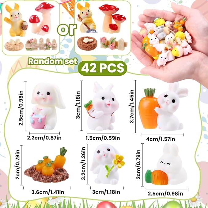 42 Pcs Easter Mini Resin Figurines, Miniature Sculptures Small Farm Bunny Chick Fairy Garden Decor for Dollhouse Easter Egg Fillers Party Favors Supplies DlY Landscape Terrarium