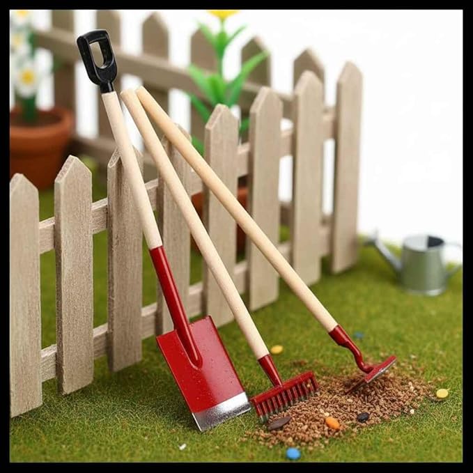 3-Piece Set Miniature Garden Tools, 1:12 Mini Shovels and Rake Farm Tools, Fairy Garden Dollhouse Accessories Furniture Toy Sets (Red, 3.2 Inches)