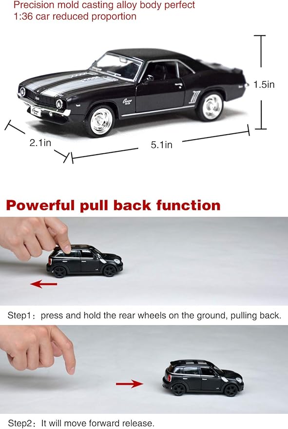 Tianmei 1:32 Scale Supercar Styling Alloy Die-Cast Car Model Collection Decoration Ornaments, Kids Play Vehicle Toys with Pull Back Action and Open Doors (Camaro 1969 - Black)