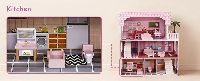 3 Story Dollhouse for Girls with Furniture, Pink Wooden Doll House Playset for Kids Ages 3-8, Multi-Room Modern Doll Cottage with Movable Accessories, Storage & Easy Assembly for Imaginative Role Play