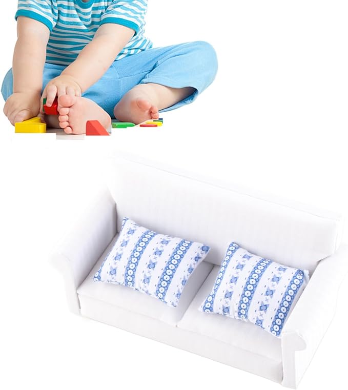 Miniature Sofa for Dollhouse 1/12 Scale, Wooden Double Sofa Set with Cushions - Dollhouse Furniture Living Room Bedroom Decoration Accessories