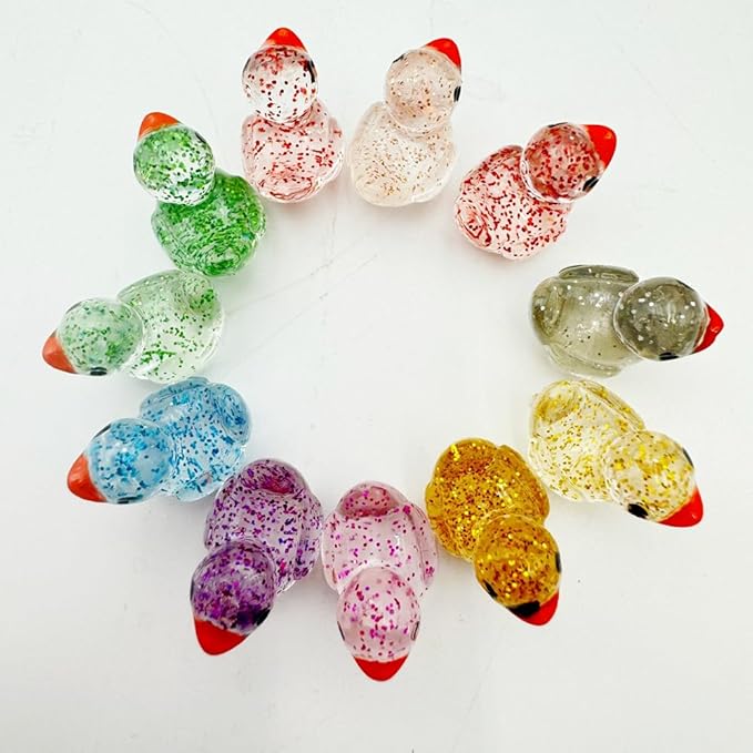 100pcs Mini Resin Duck,15 mm Dollhouse Décor for Aquarium Decor Micro Fairy Garden Landscape Hide,Seek Party Toys,Easter Basket Stuffer, Gift for All Ages (Glitter-Multicolour)
