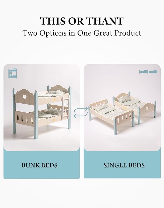 ROBUD Baby Doll Crib, Wooden Baby Doll Beds for 20 Inch Dolls, Blue Baby Doll Bunk Beds with Tulle, American Girl Doll Bed for Gifts, WRP10