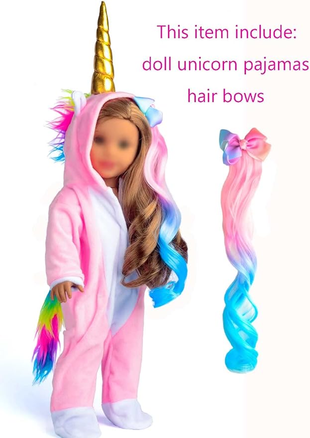 sweet dolly 18 Inch Doll Clothes Unicorn Onesie Pajamas Rainbow Color Hair Bow Clips Costume Fits 18 Inch Doll (Doll Not Included)