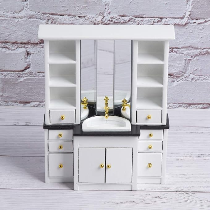 RASTKY 1:12 Scale Dollhouse Miniature Furniture Set - White Bathroom Basin Cabinet Kitchen Decor with Sink Vanity, Wooden Mini Kit for Dollhouse Accessories, 1/12 Bedroom (White)
