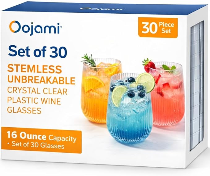 Oojami 30 piece 16 oz Stemless Unbreakable Crystal Clear Plastic Wine Glasses Set of 30-16 OunceClear Ribbed
