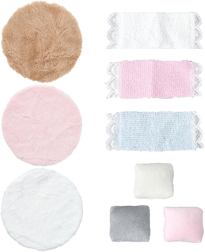 GORGECRAFT 3 Sets Miniature Carpet 3pcs Dollhouse Pillow 3pcs Dollhouse Towels Mini Doll House Decor Polyester Fluffy 1/12 Scale Miniature Doll House Round Rug for Furniture Decoration Bedroom