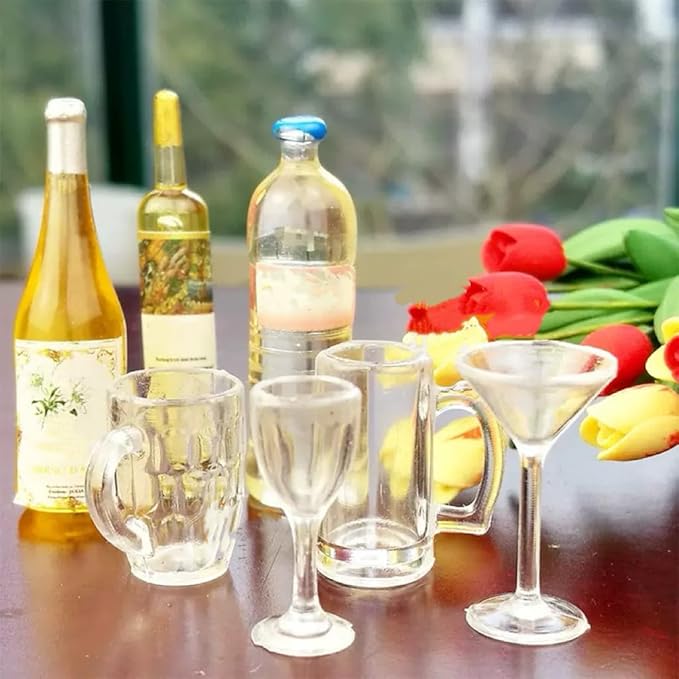 4Pcs Clear Glass Dollhouse Drinking Glasses Miniature: 1/12 Scale Wine Cocktail Glass for Kitchen Bar - Mini Beer Mug Stein Highball