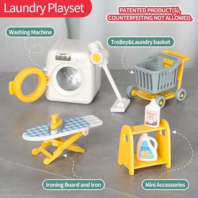 TAKIHON Dollhouse Furniture, Kitchen & Bathroom Toy Set,Fridge Washing Machine Set for Kids,Dollhouse Miniature Accessories,Educational Pretend Play Toys for Toddler,Boys & Girls