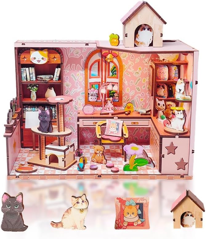 Pink DIY Miniature Dollhouse Kit, Tiny House Kits with LED Light, Mini House Making Kit to Build for Adults, Hobby Craft Gift for Christmas Day, Cat House