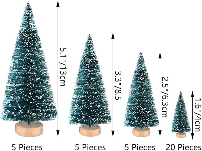 Yahpetes Christmas Trees 35 Pcs Artificial Sisal Trees Bottle Brush Trees Blue-Green Sisal Trees with Wood Base, Tabletop Xmas Trees for Christmas Decoration and Display, 4 Sizes(Blue-Green 35Pcs)