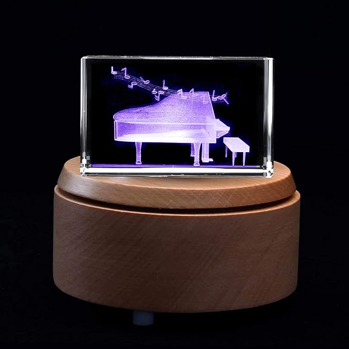 XINDAM 3D Piano Paperweight Laser Etched in Crystal Glass Cube for Graduation Christmas Birthday Valentine's Day (Included LED Base)