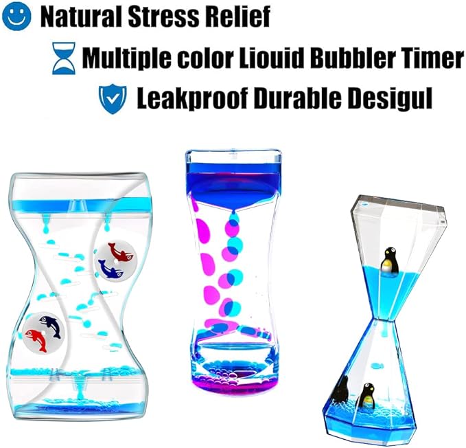 OCTTN Sensory Liquid Motion Bubbler Timers Set for Kids and Adults, 3 Pack Hourglass Different Shapes for Desk Décor Office, Sensory Play Toy