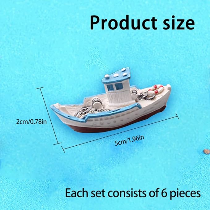6 Pcs Miniature Fishing Boats Set - Vintage Mediterranean Style for Dollhouse, Fairy Garden & Micro Landscape Decor Perfect for Ocean, Beach & Sea Themes