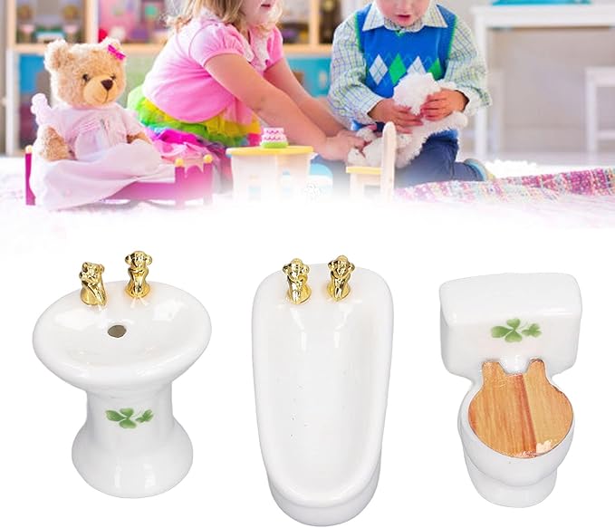 1:24 Dollhouse Miniature Bathroom Set, Ceramic Simulation Bathtub Toilet Sink, Miniature Furniture, Mini Ceramic Bathroom Furniture Set for Dollhouse Restroom Decoration (Grass Pattern)