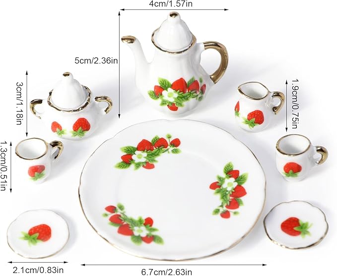 Cutemini 1:6 Scale Miniature Porcelain Dollhouse Tea Set 8PCS Flower Pattern Teapot Platter Dish Sets Dollhouse Kitchen Supplies Decoration (Strawberry)