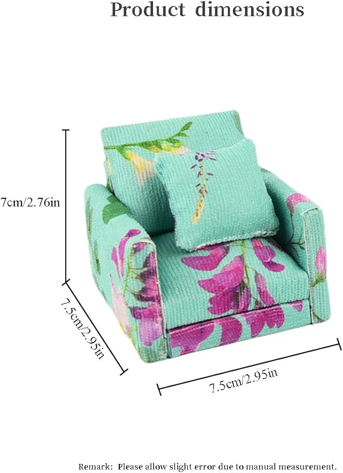 Funky Mini House Miniature Dollhouse Armchair 1:12 Scale Dollhouse Corduroy Armchair+Pillow - Green Floral Armchair & Matching Cushion Set for Dollhouse Decor Ideal Birthday (Green)