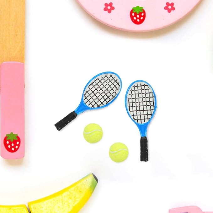 Garneck 4pcs Miniature Simulation Tennis Racket and Ball Models Mini Tennis Decorations Small Sport Accessories for Micro Landscape Fariy Garden DIY Decor (2pcs Rackets + 2pcs Balls)