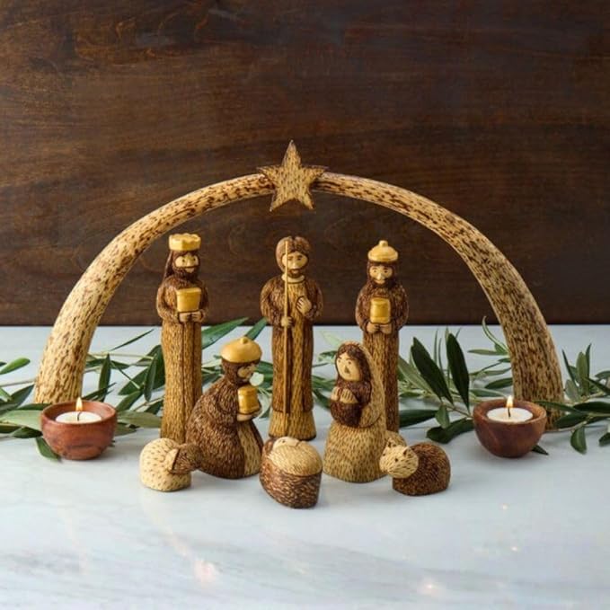 Brown Nativity Set, Christmas Decorations, Collectible Figurines, Baby Jesus Holy Family Manger Scene, Indoor Home Decor for Tabletop, Shelf, Desk, Mantel, Wooden Statues, Star Arch, Set of 8