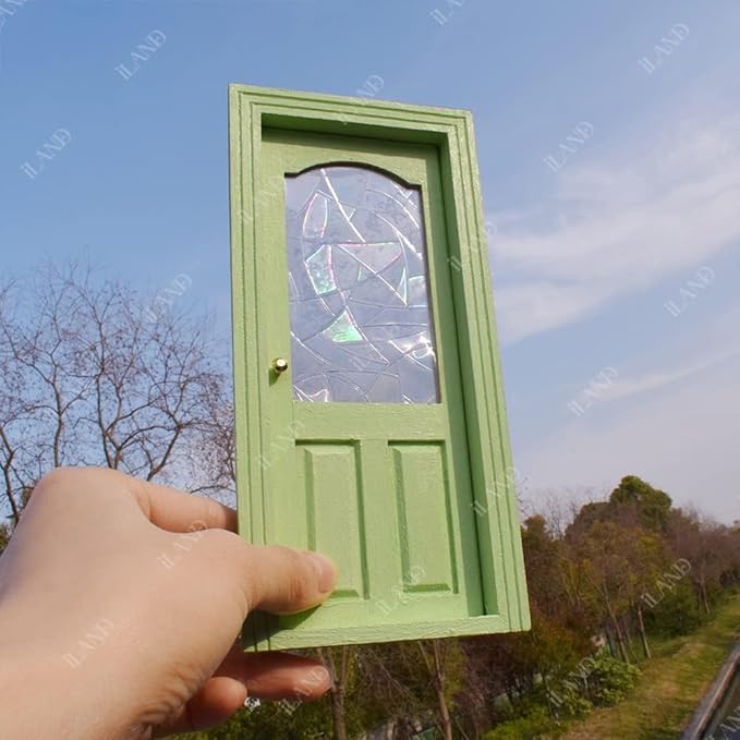 iLAND Dollhouse Door on 1:12 Scale, Miniature Door w/ 3D Windowpanes Reflecting Rainbow Light & Handles
