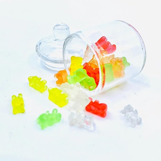 Miniature Glass Jar with 10 pcs Miniature Gummy Model, Tiny Gummy Glass Jar, Dollhouse Mini Glass Jar, 1:12 Scale, for Dollhouse Miniature, Fairy Garden, Diorama