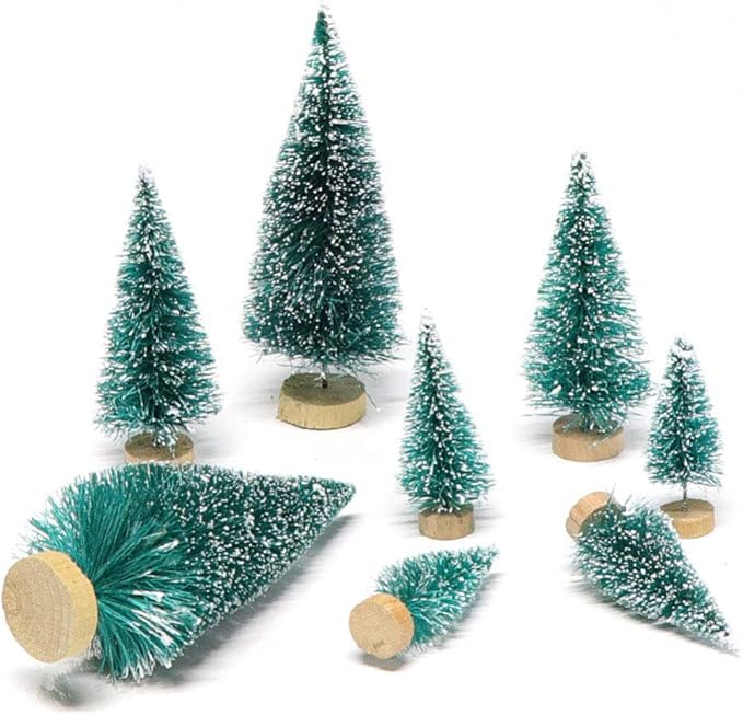 24 Mini Bottle Brush Christmas Trees with Wood Base, Artificial Plastic Mini Trees for Crafts, Winter Snow Ornaments for Christmas Table Party (Blue-Green)