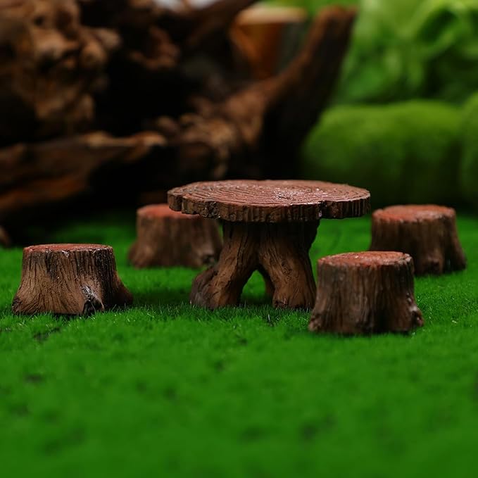 5Pcs Miniature Round Table and Chairs Set - Realistic Tree Root Design Resin Furniture Ornaments Kit, Fairy Garden Accessories for Dollhouse, Succulents, Micro Landscape, DIY Crafts & Home Decorations