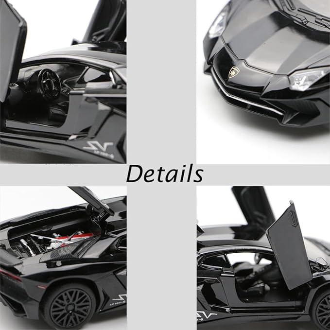 Alloy Collectible Black Aventador Toy Car Model Pull Back Die-Cast Vehicle with Lights and Sound