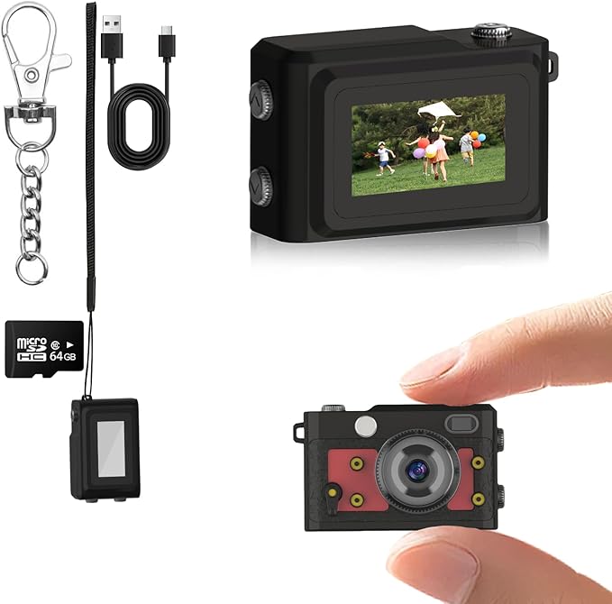 Mini Keychain Camera 64GB, 1080P Mini Retro Photo Video Camera, 120 Minute Battery Life Portable Tiny Digital Cam, Micro Video Camcorder for Travel Students Children, Red