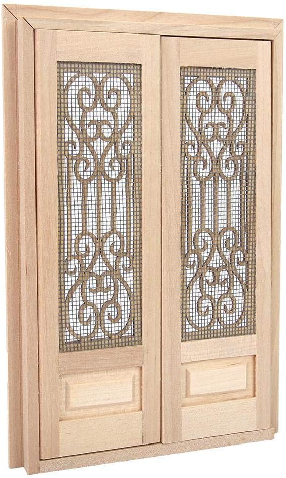Doll Door, 1:12 Dollhouse Furniture Miniature DIY Hollow Wooden Door Set Wood Exterior Door Excellent Furniture Model