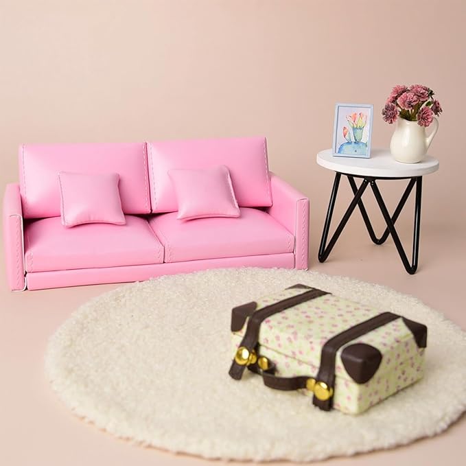 Minamzee 1:12 Dollhouse Leather Couch, Miniature Modern Double Sofa with Pillows, Dollhouse Luxury Couch Furniture Accessories for Living Room Bedroom (Pink)