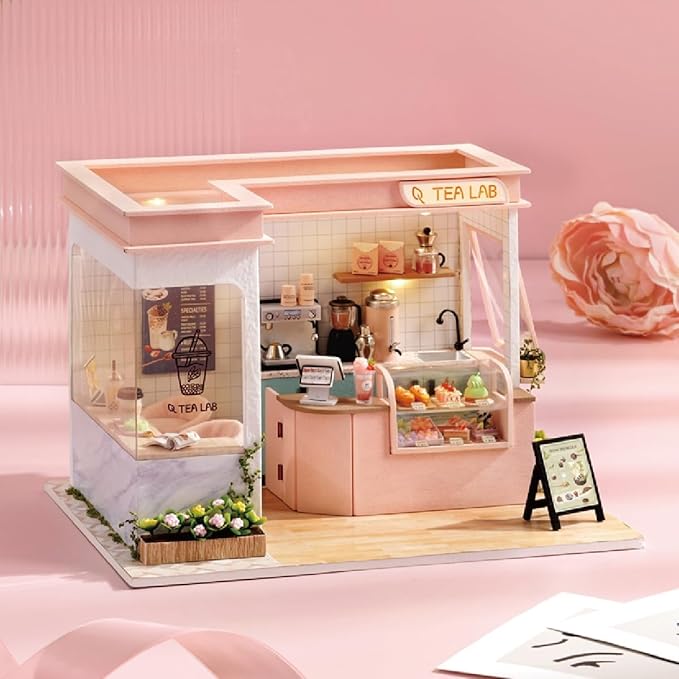 CRIOLPO Miniature House Kits for Adults, DIY Doll Room Miniature Furniture House Kit, Wooden Dolls House, Tiny House Model Kits, Craft Your Own Wooden Doll House - Sunshine Milk Tea Shop