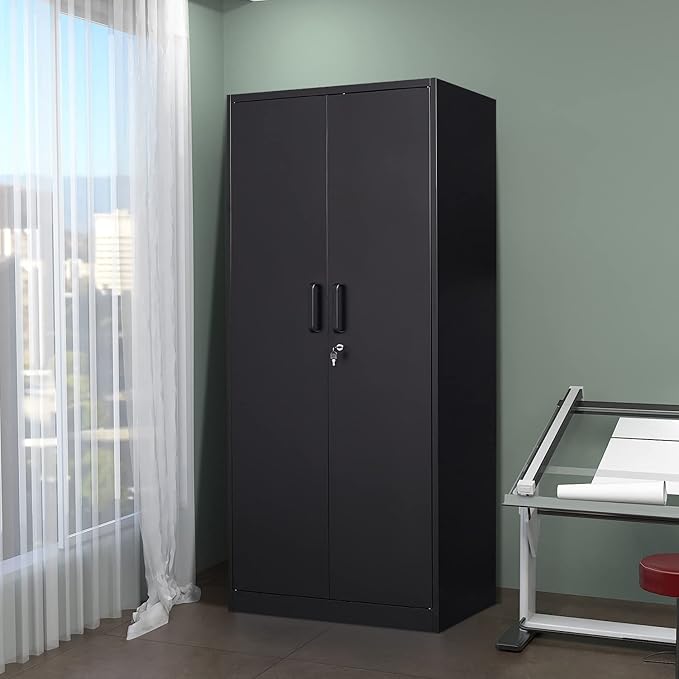72" Tall Metal Storage Locking Cabinet With 2 Doors and 4 Adjustable Shelves for Home, School, Gym, Garage Storage