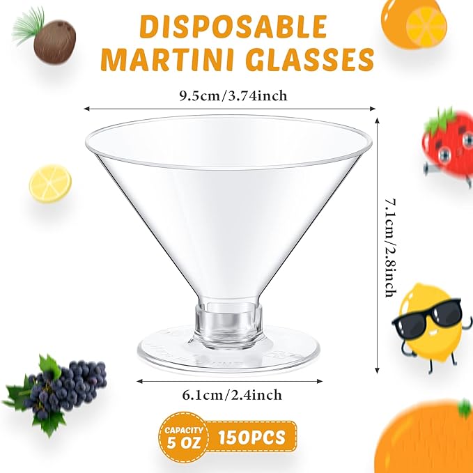 Yinkin 150 Pcs 5 oz Plastic Martini Glasses Disposable Clear Cocktail Dessert Parfait Glasses Unbreakable Mini Martini Cups for Wedding Party Bowl Wine Ice Cream (Stemless)