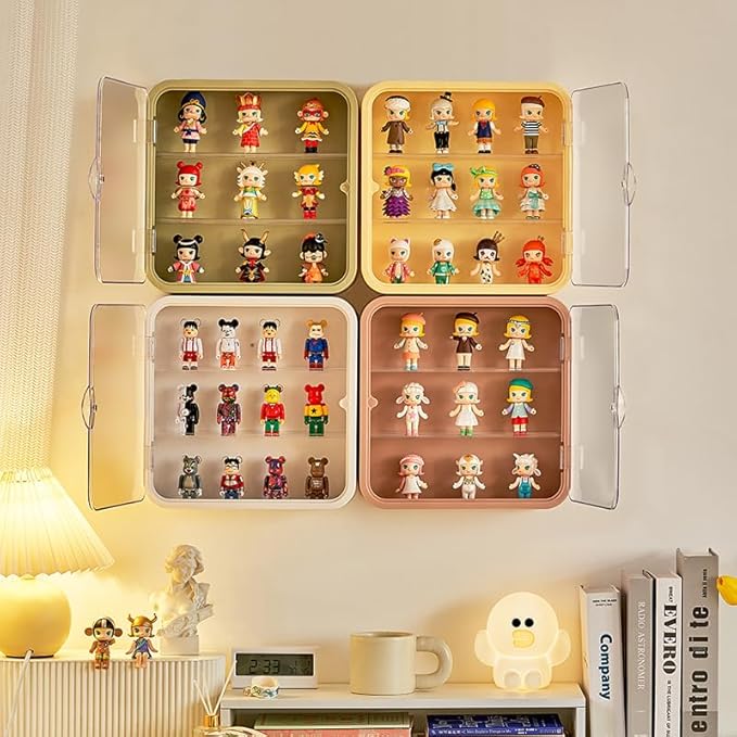Clear Display Case for Figures, Wall Mounted Clear Display Box, 3 Tiers Adjustable Acrylic Display Box Stand with Magnetic Door for Mini Action Figures Pop Mart Collectibles, Yellow