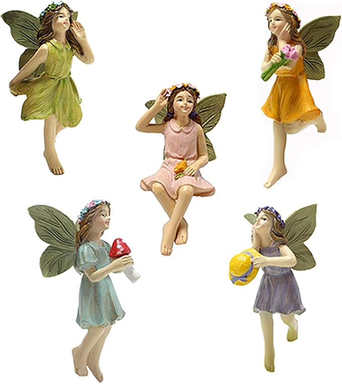 CUIWEI 5 Pcs Mini Garden Figurine Set Miniatures Fairies Statues Without a Stick for Outdoor Lawn Yard Home Decor Lovely Resin Fairy Flower Pot Angel Accessories