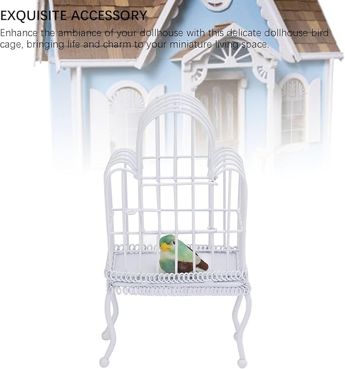 1:12 Scale Dollhouse Bird Cage Metal Miniature Bird Cage Realistic Opening Door Miniature Dollhouse Bird Cage with Fake Grass Bird Sticker (White)