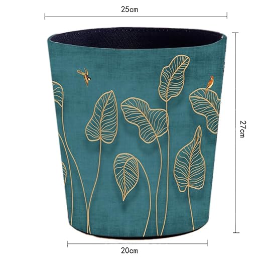 Scakbyer 10L/2.64 Gallon Trash Can, Decorative Waste Basket, PU Leather Waste Paper Basket, Waterproof Garbage Can for Bathroom, Bedroom, Office, Kitchen and Living Room - Golden Leaves