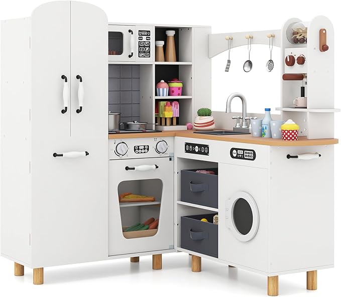 INFANS Kids Corner Kitchen Playset, Wooden Play Kitchen with Washing Machine, Coffee Maker, Toy Grinder, Gift for Boys Girls
