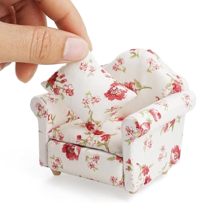 Odoria Dollhouse Armchair Sofa Miniature - 1/12 Scale Accent Chair for Vintage Country Living Room - Mini Club Lounge Chair Wood Furniture Upholstered Floral Red