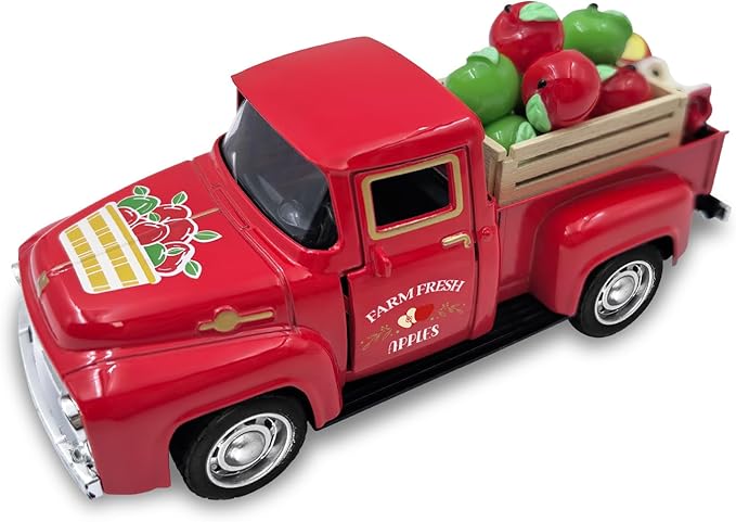 Apple Decor Farmhouse Vintage Red Truck with Fake Apples and Wooden Crate Christmas Table Decorations Mini Apples for Crafts Red Xmas Tiered Tray Decor for Home Kitchen Apple Theme New Year Gifts