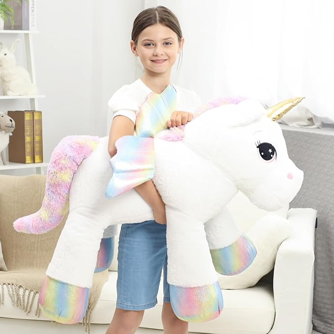 44 Inch Giant Unicorn Stuffed Animal Pillow, Cute Soft Big Unicorn with Rainbow Wings Large Plush Toy, Gifts for Girlfriend Girls Boys Kids Birthday Valentines Christmas