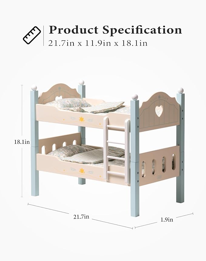 ROBUD Baby Doll Crib, Wooden Baby Doll Beds for 20 Inch Dolls, Blue Baby Doll Bunk Beds with Tulle, American Girl Doll Bed for Gifts, WRP10