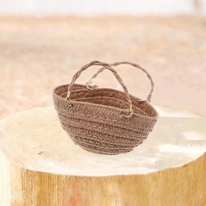RCULWPLP 1/12 Scale Dollhouse Woven Handbag, Miniature Furniture Accessory, DIY Play Item, Tiny Basket, Khaki