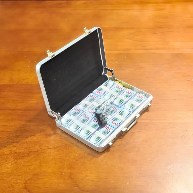 1:6 Scale Miniature Briefcase Set - Includes Fake Gold Bars, Bundles of $100 Mini Dollar Bills, Vintage Coins and Mini Weapons - Unique Adult NoveltyToy & Dollhouse Accessories (Silvery)