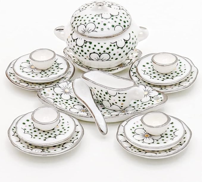Odoria 1/12 Miniature Dish Dinnerware Set 17Pcs Dollhouse Decoration Accessories, Plum Blossom