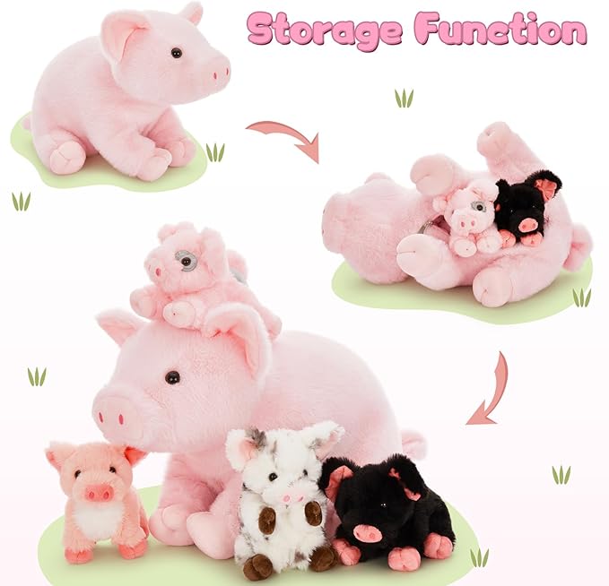 5Pcs Pig Stuffed Animal, 16 Inch Mommy Pig Plush with 4 Soft Cuddly Baby Piggy Plushies in Mother Pig's Belly, Kawaii Chirstmas Birthday Gift for Girls Boys Kids, Baby Shower Decor