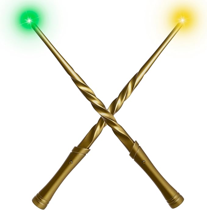 KingGlee Light Up Wizard Magic Wand Set with Sounds & 4 Light Modes – Illuminating Witch Wands for Kids Cosplay Birthday Gift, 2PCS, Golden