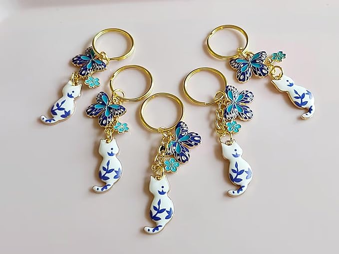 Agromusk Cute Cat Keychain, Enamel Flower Keyring Japanese Decor for Garden Cat Lovers, Kawaii Bag Charm With Sakura Flowers