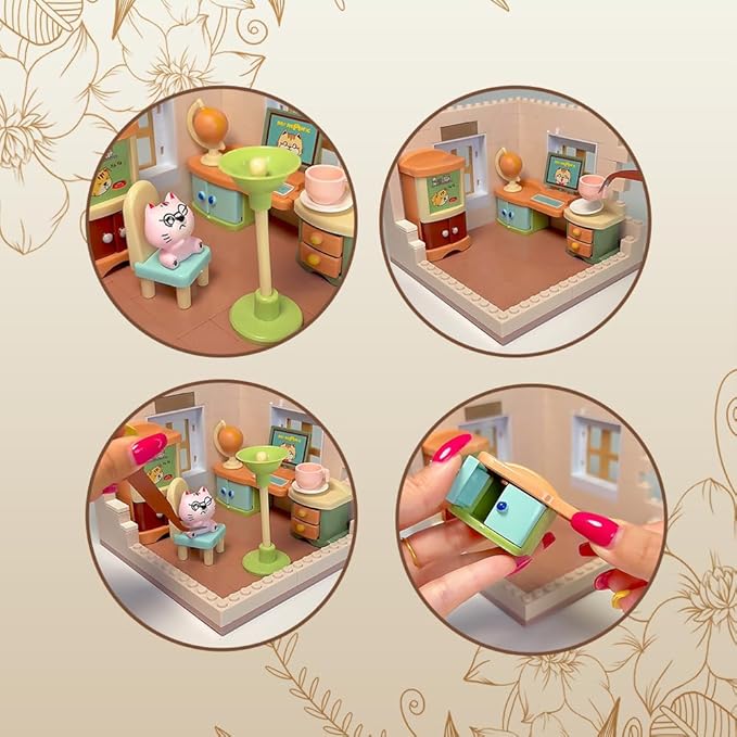kvlidvo Koko's Cat Town DIY Miniature House Kit,Tiny House Home Office Building Kits,Purrfect Dollhouse with 254PCS,Gift for Cat Lovers Teens Kids Ages 3+. Purr-FECT Gift! (HY-120A2)